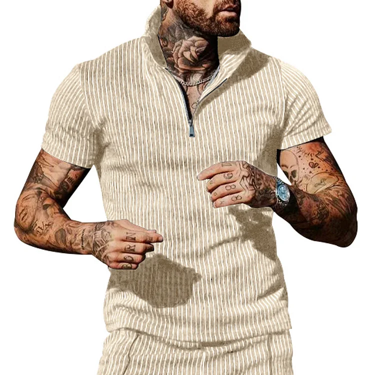 Men's Outdoor Striped Print Zipper Polo Neck Casual T-Shirt
