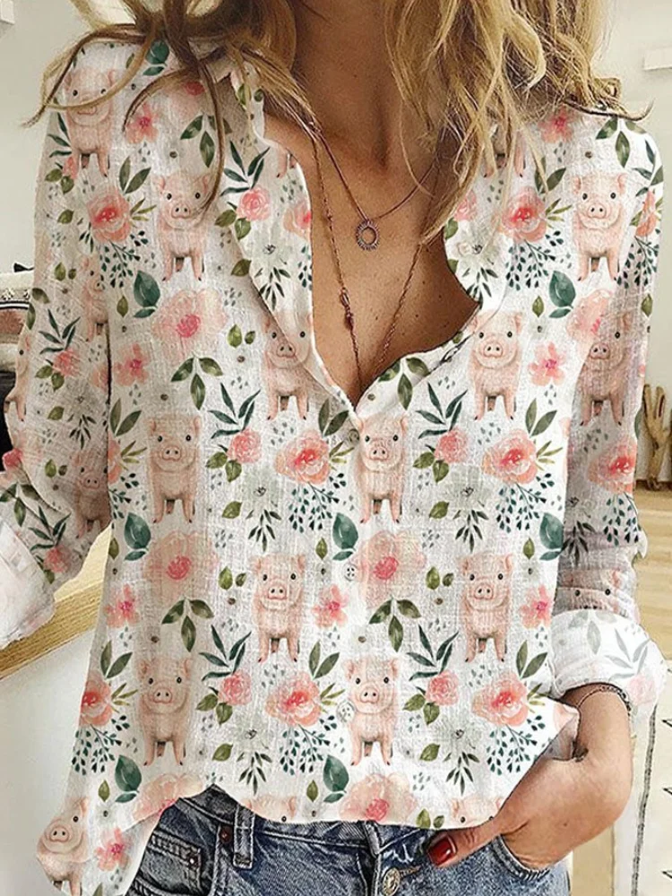 VChics Pink Piglet And Floral Print Casual Blouse