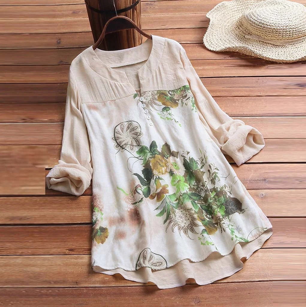 Summer Fashion Floral Print Cotton Linen Blouse Plus Size Loose Tops Female Women's Short Sleeve Shirt Blusas Femininas Pullover