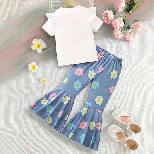 【3Y-10Y】Girls' Multicolor Flower Crew Neck Short Sleeve Top + Flared Pants Set