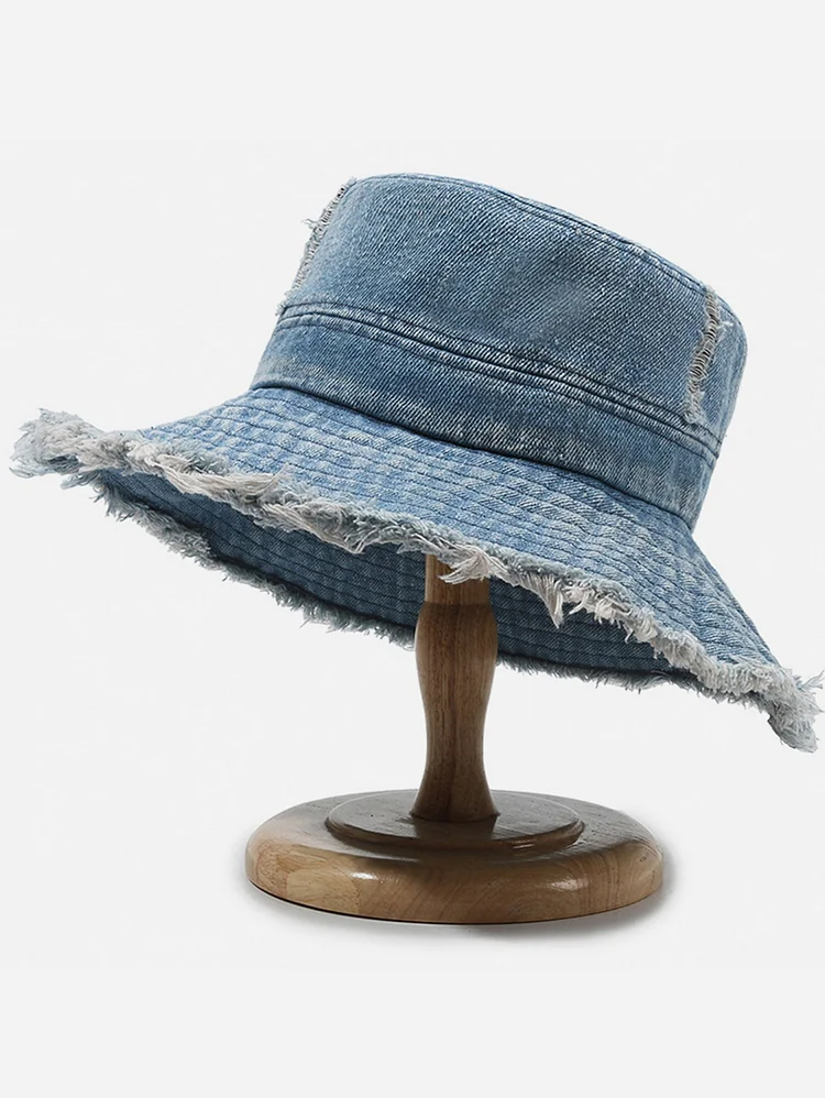 Retro Wide Brimmed Raw Edge Denim Bucket Hat