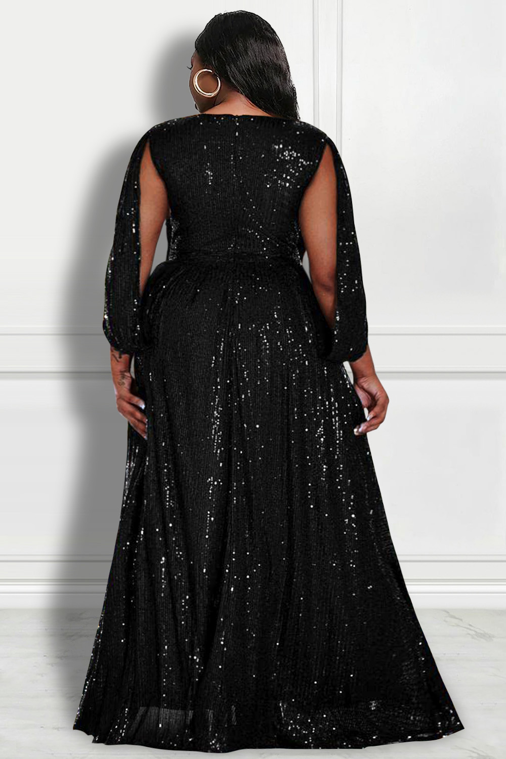 Design Plus Size Black Formal Sequin High Slit Maxi Dresses