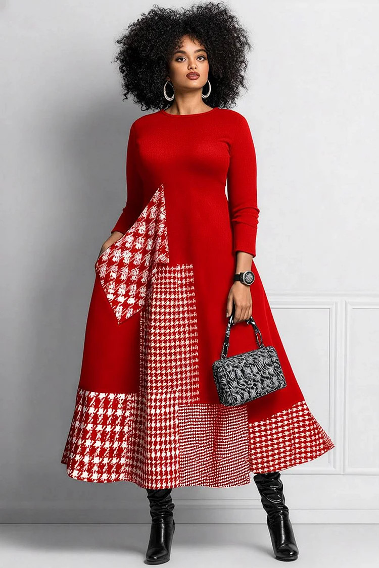 Xpluswear Design Plus Size Daily Black Houndstooth Round Neck Long Sleeve Pocket Elegant Maxi Dresses 2024 - Xpluswear