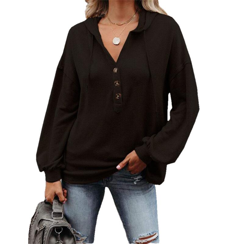 Women Button Drawstring Loose Hooded Sweatshirts