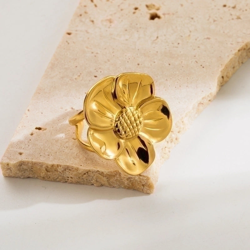 Elegant Retro Geometric Flower Stainless Steel Plating 18k Gold Plated Open Rings
