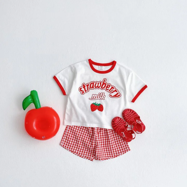 2pcs Baby Toddler Girl Fruit Graphics T-Shirt and Plaid Shorts Set