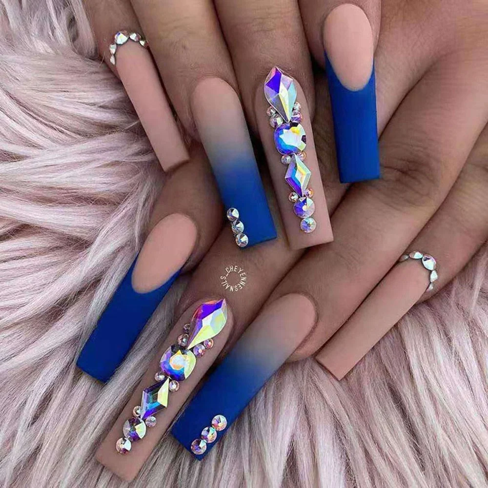 24pcs Super Long Ballerina False Nails Shiny Rhinestone Detachable with Blue Design Nail Wearable Coffin Fake Nails