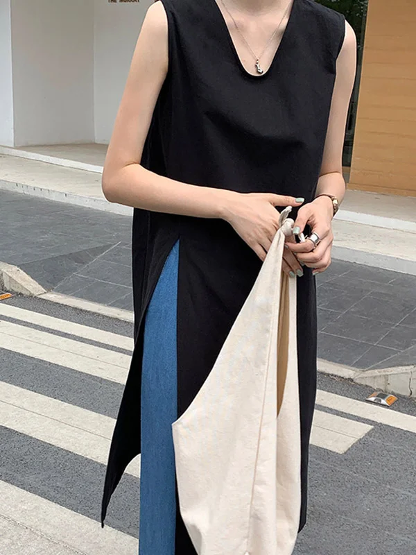 Relaxed Sleeveless Solid Color V-Neck Vest Top with Split Sides