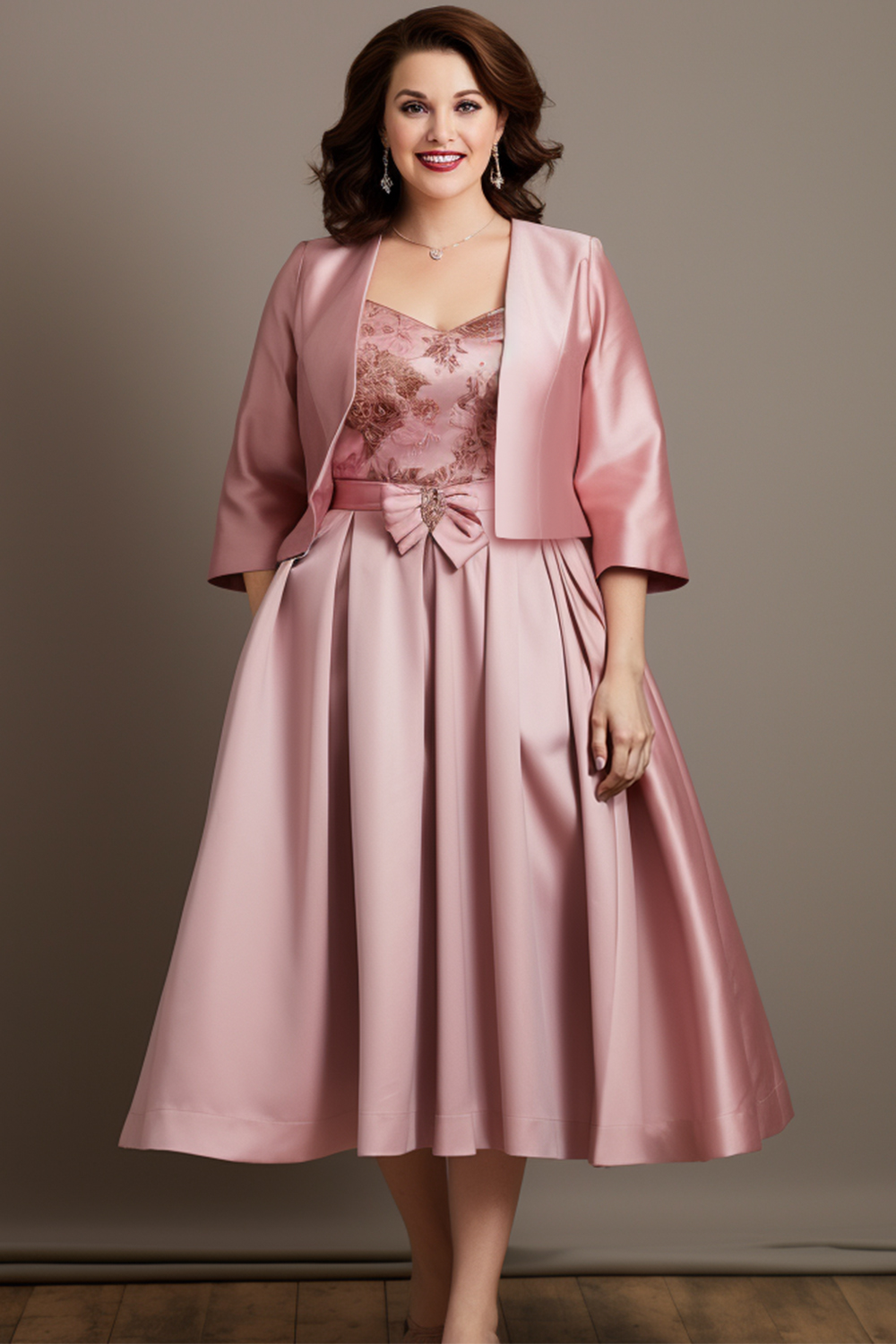 Flycurvy Plus Size Mother Of The Bride Pink Satin Lace Pocket 3/4 Sleeve Two Piece Tea-Length Dress With Jacket