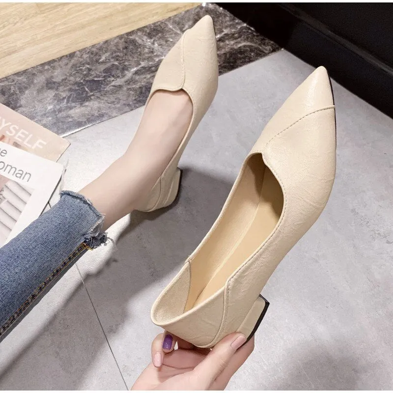 Women's Pumps Low Heels Comfort Female Slip On Shoes Office Pu Leather Waterproof Woman Pointed Toe Shoe Ladies Footwear New