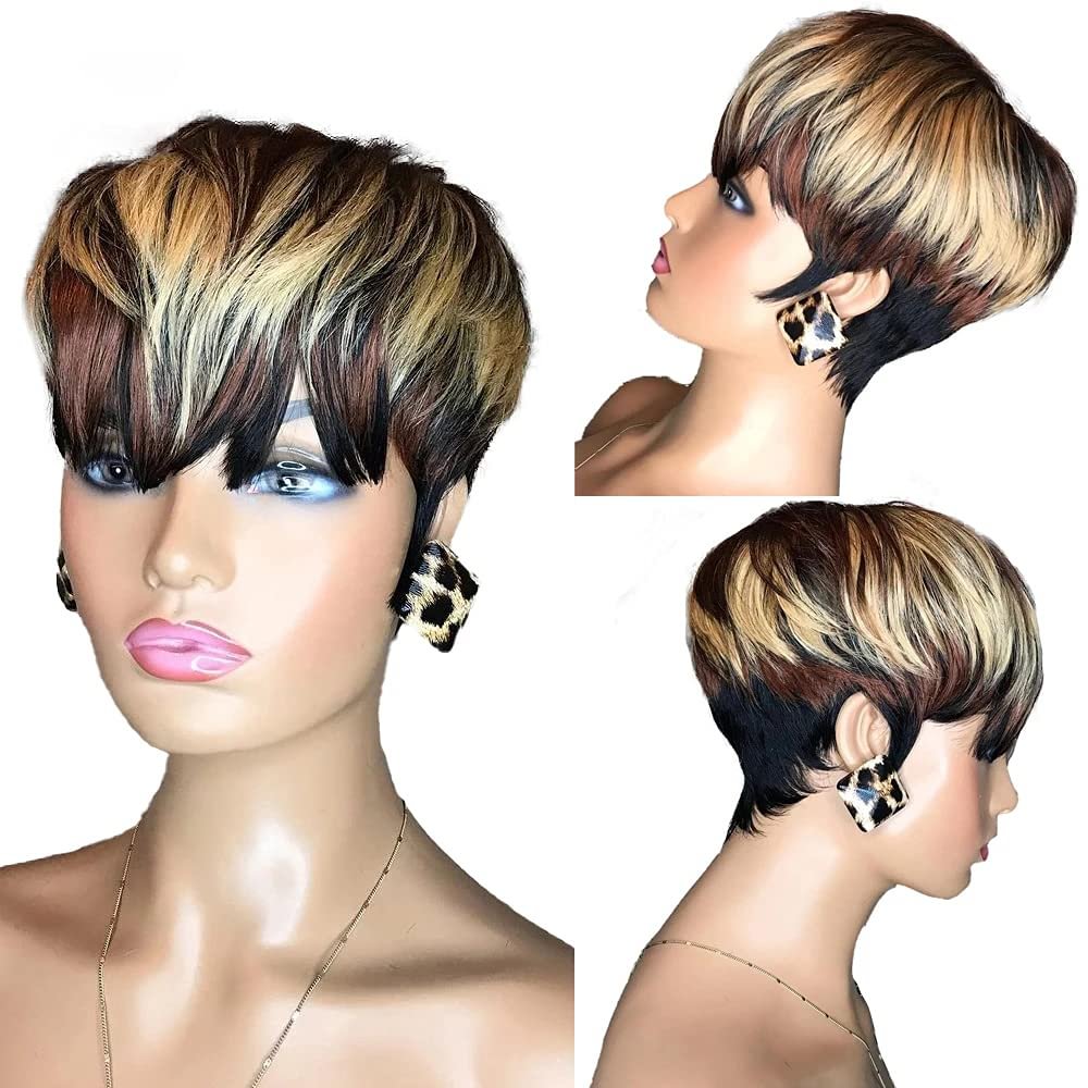 Glueless Wig With Elastic Belt|🔥4*4 Lace Closure Highlight Pixie Cut Wig Bangs Natural Short Haircuts US Mall Lifes