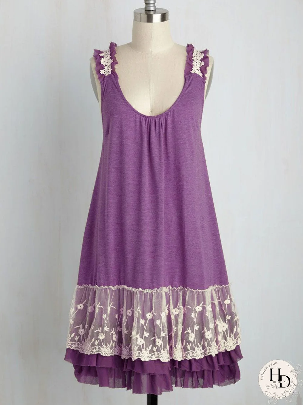 Women Sleeveless U-neck Lace Stitching Midi Dress