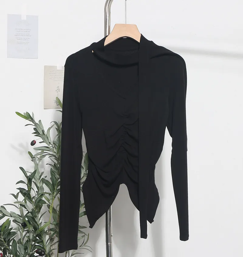 Uveng Real Shooting Explosion Long-Sleeved T-Shirt Girl Autumn Folded Waist-Bottomed Shirt V-Neck Ribbon Open Fork Short Top 9080