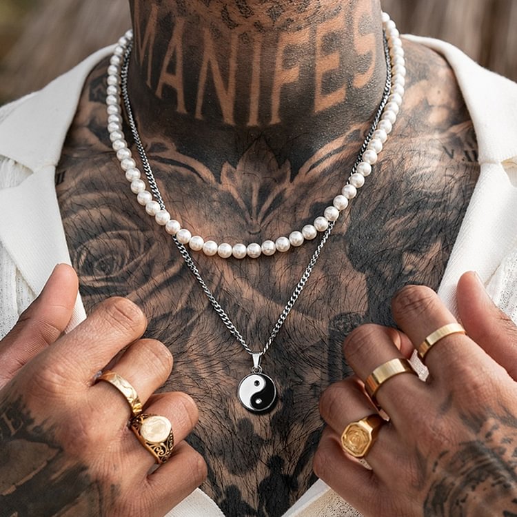 YIN YANG Pendant Pearl Chain Men's Necklace Set Jewelry