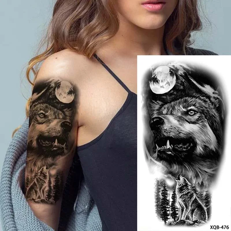 Sdrawing Forest Tattoo Sticker for Men Women Tiger Wolf Death Skull Temporary Tattoo Fake Henna Skeleton King Animal Tatoo Pattern