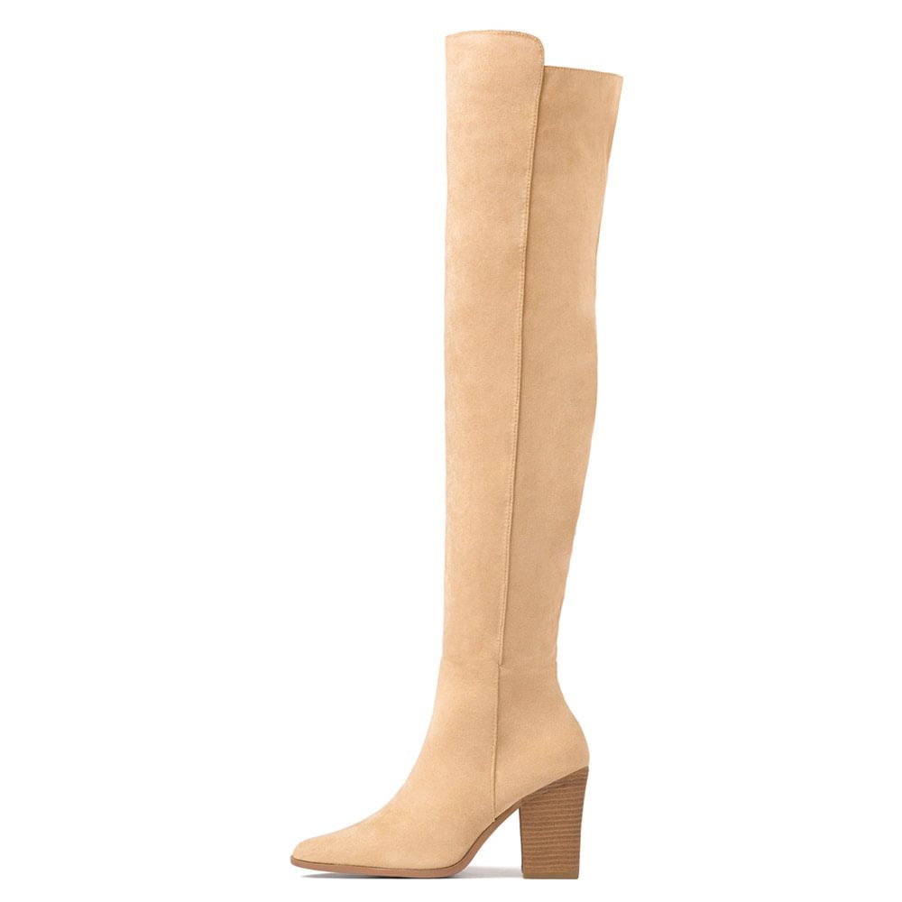 Leather Knee Boots Nude Pointed Toe Chunky Heels Knee Boots Nicepairs
