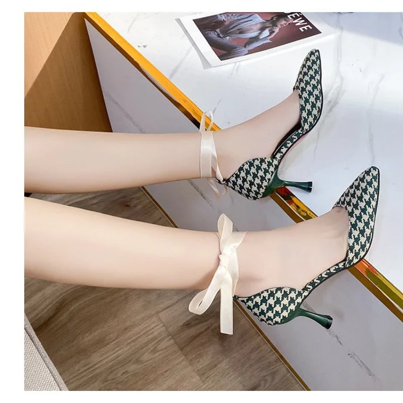 Graduation Gifts  2023  Ladies High Heels Women Stiletto Houndstooth Color Matching Metal Pointed Toe Shoes for Wedding Women