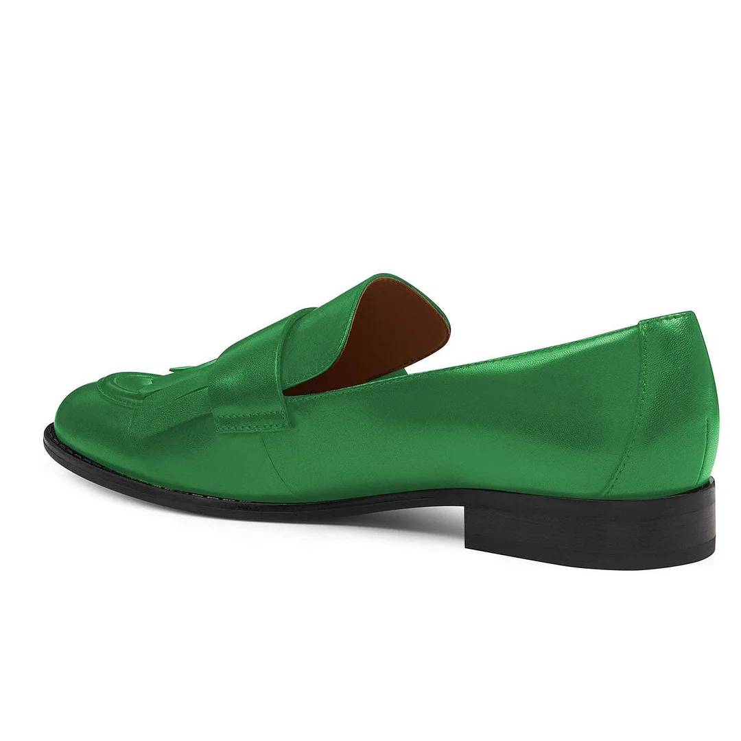 Green Vegan Leather Round Toe Flat Women's Loafers with Fringe