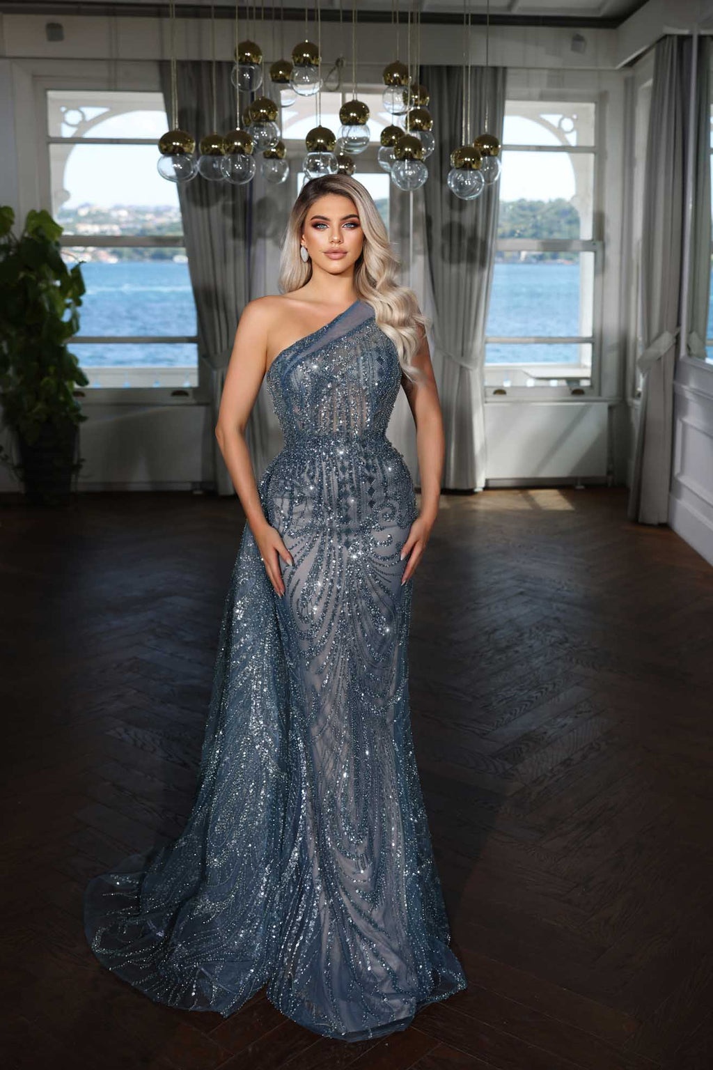 Ovlias Fabulous One shoulder Rhinestone Sheath Radiant Prom Dress LY0628