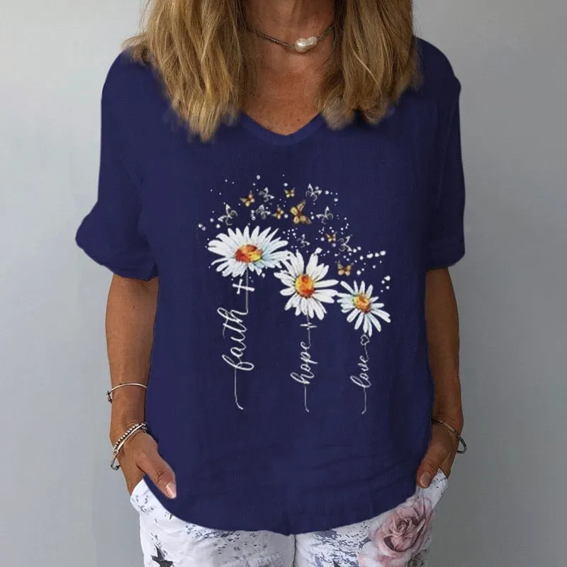 Women Summer Cotton Linen Blouse Casual V Neck Short Sleeve Femme Blouse Shirt New Letter Print 2022 Blusas Womens Tops S-3XL