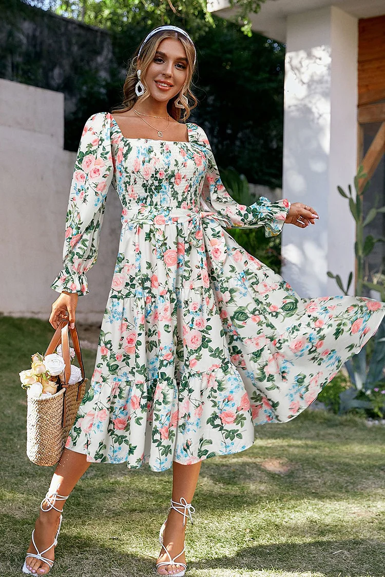 A-line Long Puffy Sleeve Square Neck Bow Knotted Floral Print Vacation Midi Dresses