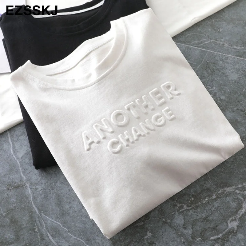 spring summer Women basic 3D Letter T-shirt Casual Loose short sleeve bottom candy color cotton T-shirt  Female Thick Tops