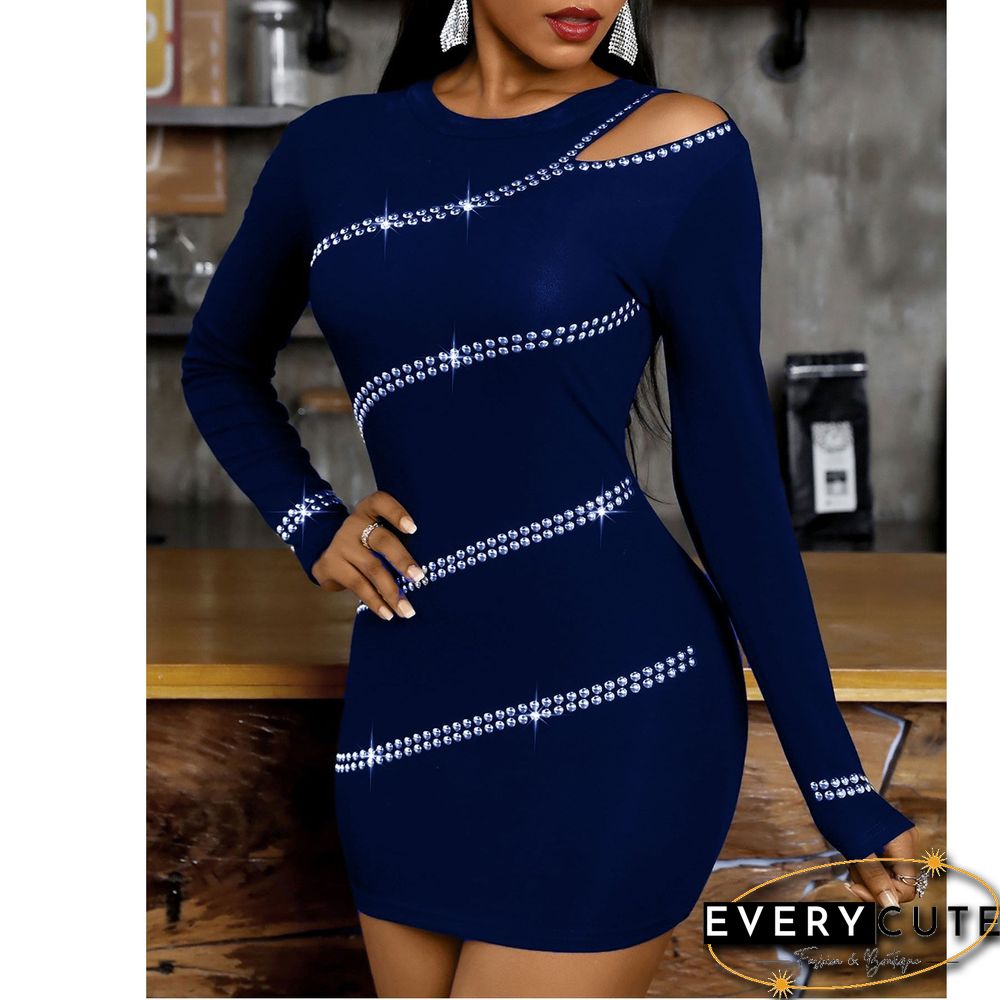 Round Neck Off Shoulder Rhinestone Dress