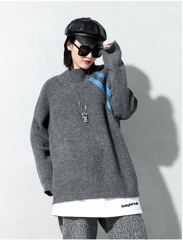 Fashion Grey Turtleneck Contrast Color Striped Long Sleeeve Sweater