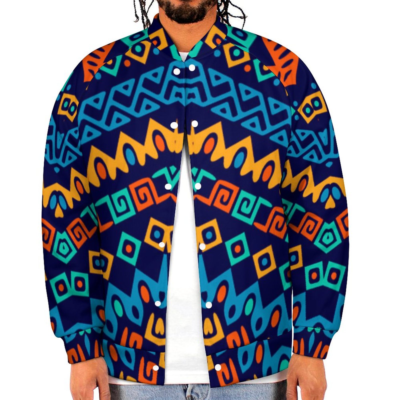 African Ethnic Tribal Gold Geometric Pattern Sweatshirt Jacket Mens Casual Lightweight Button Up Bomber Jacket Outwear