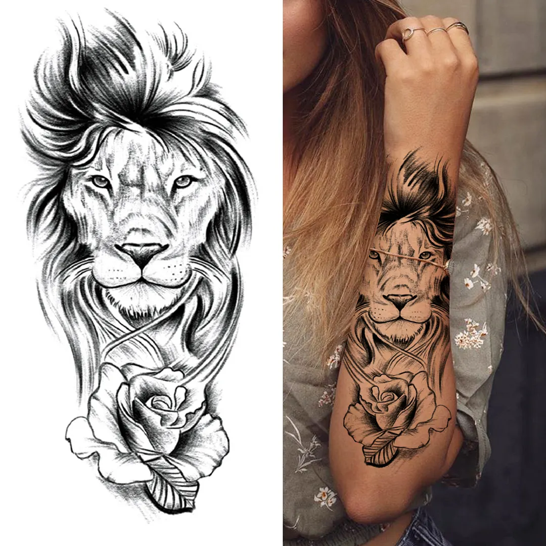 Sdrawing Lion Flower Temporary Tattoos For Women Men Kids Boy Black Tiger Skeleton Tattoo Sticker Fake Compass Tatoos Half Sleeve