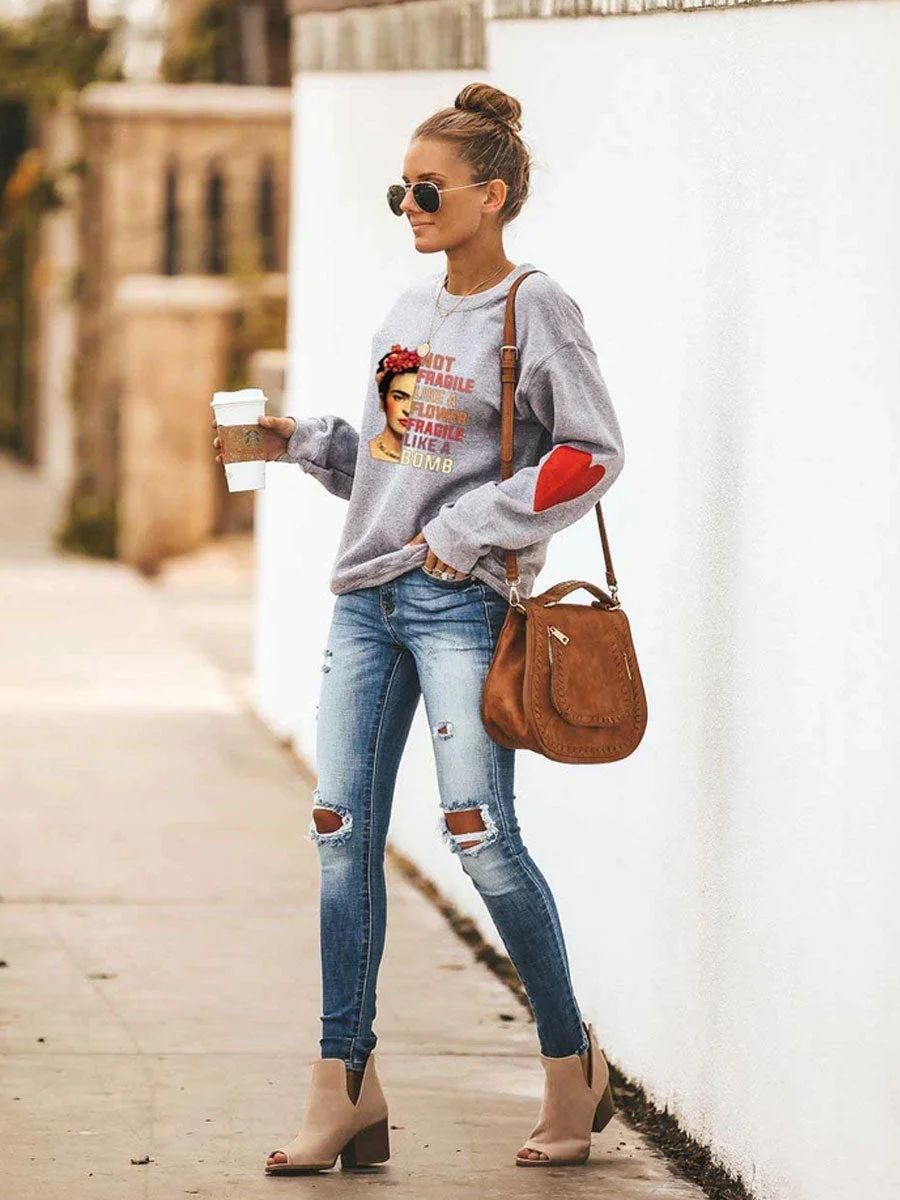 Women's Frida Kahlo Not Fragile Like A Flower Fragile Like A Bomb Heart Sweatshirt
