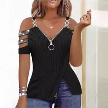 Wongn Wongn Hot Drill V Collar Off-The-Shoulder Metal Sling Zip Shoulder Sleeve Vest T-Shirt Pit Strip Small Shirt Woman
