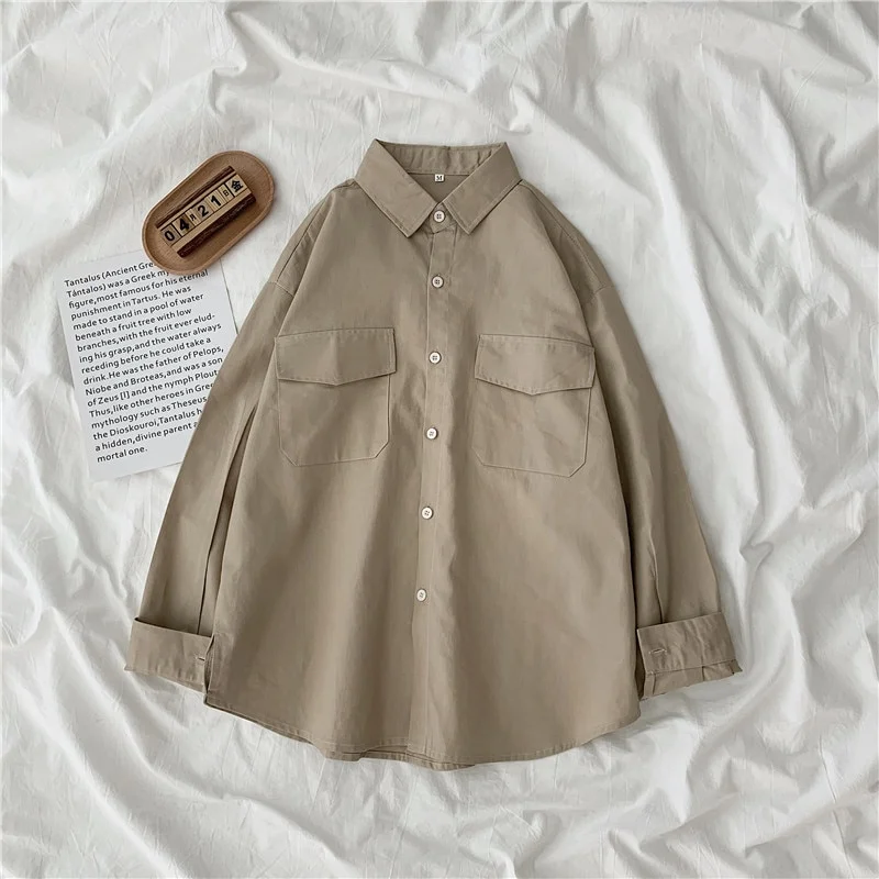 Tanguoant Women Shirts Long Sleeve Casual Solid Loose Couple Pockets Korean Style Hot Sale Female Tops All-match Clothing Button Up INS