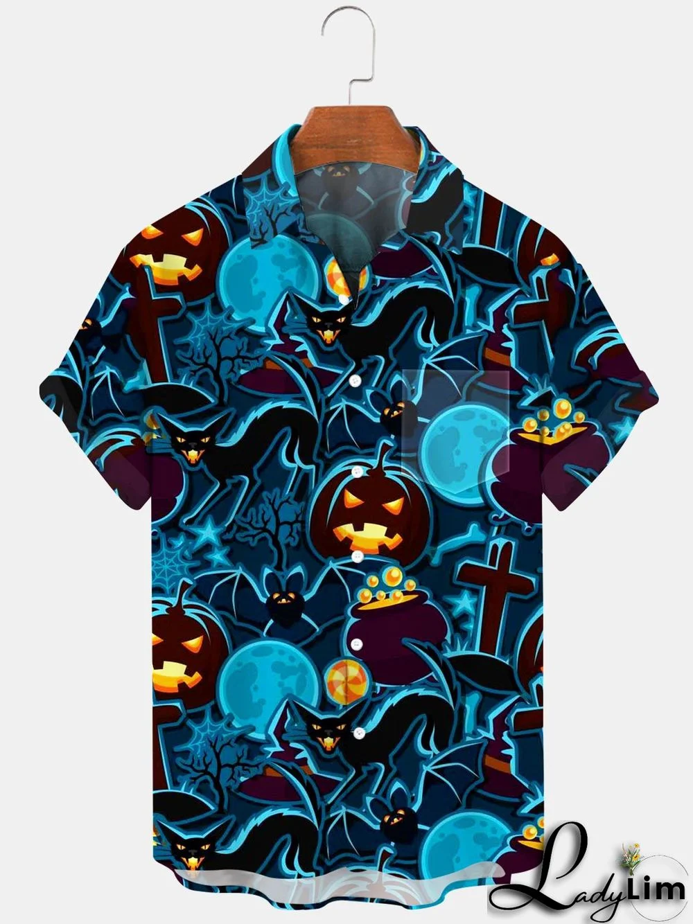 Halloween Pumpkin Cat Men's Shirts With Pocket