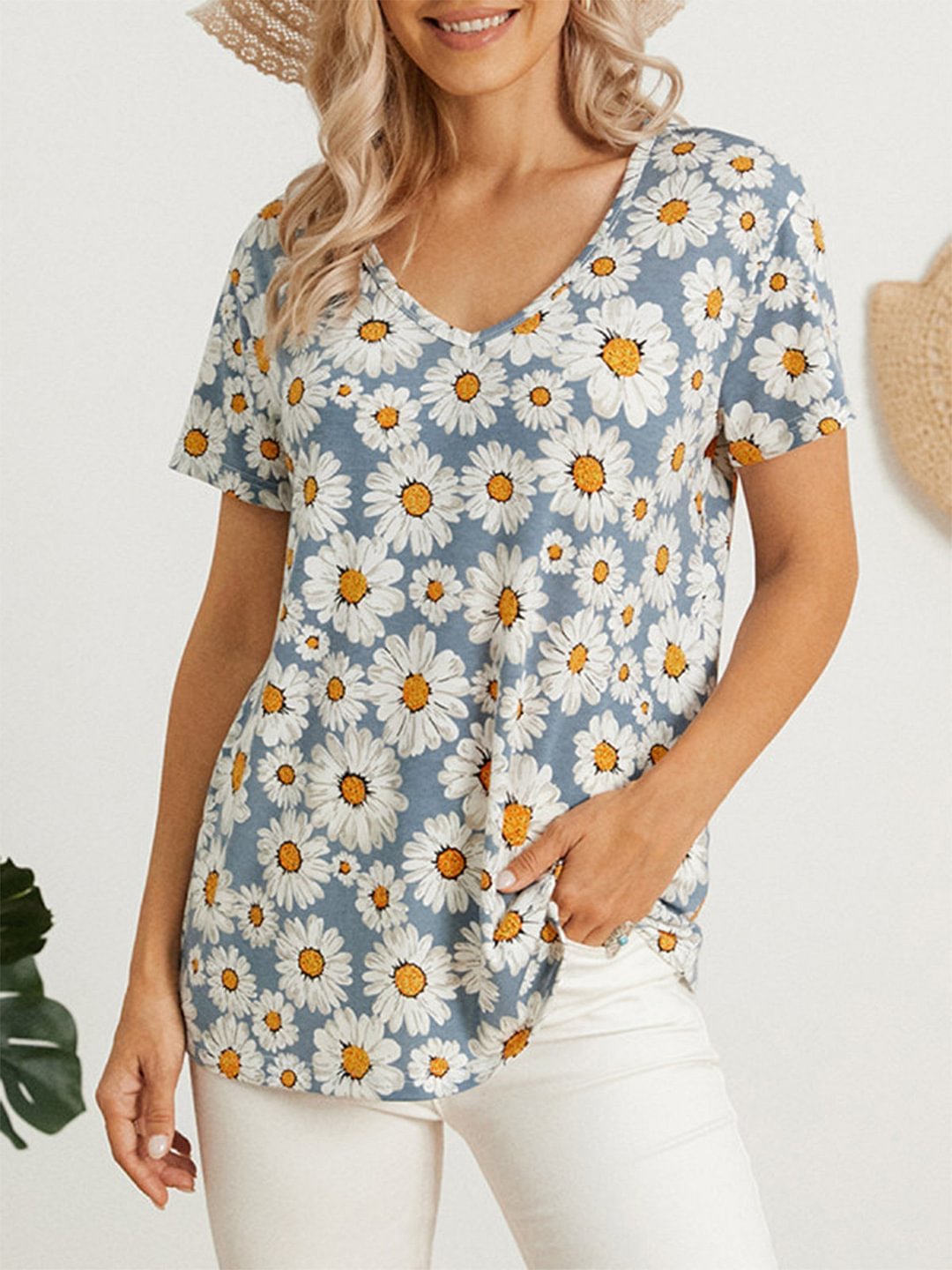 Short Sleeve Floral-Print Shift Casual Shirts & Tops