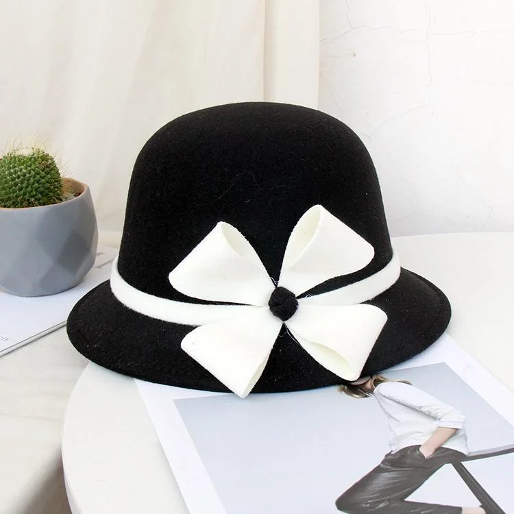 Fisherman Hats Contrast Color Flower Decoration Wool Felt Bucket Hats