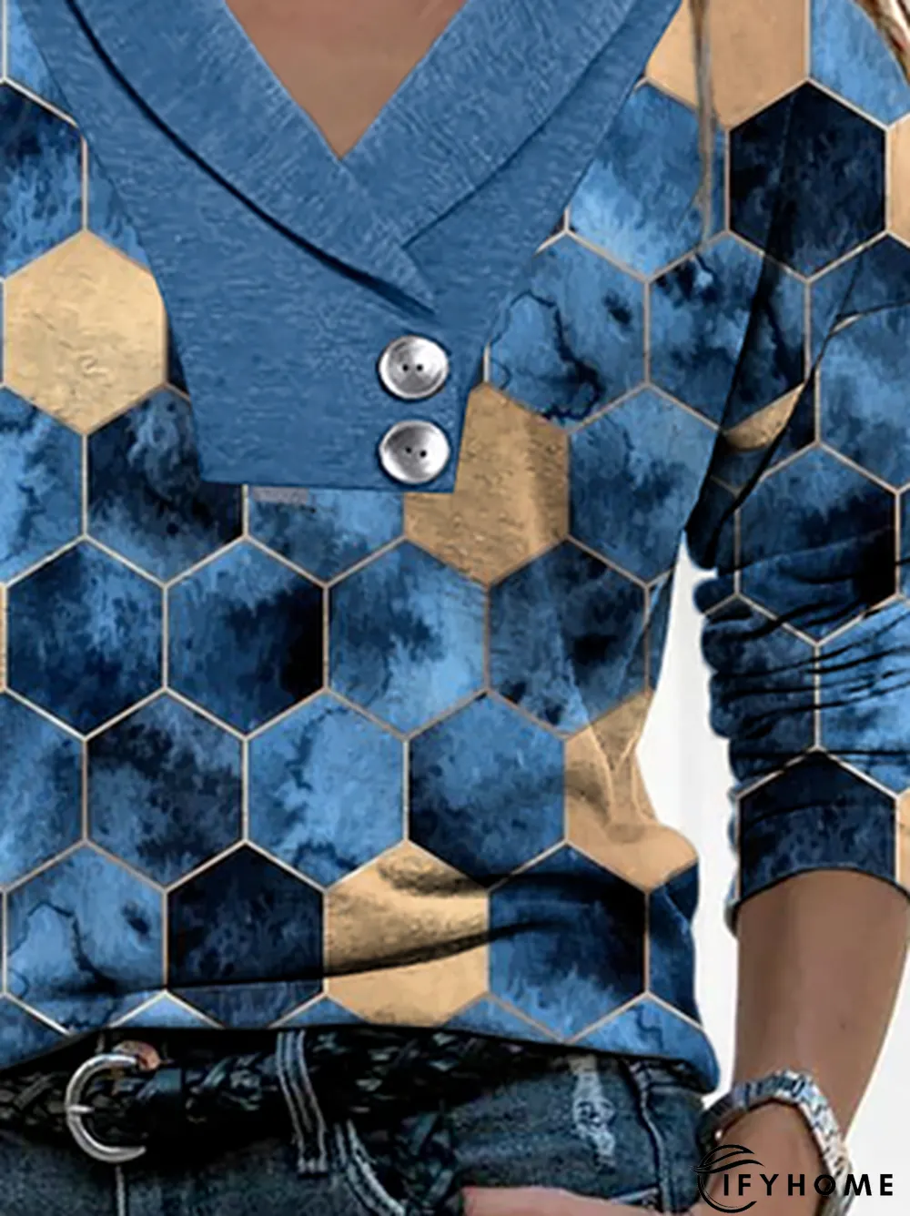 Women Geometric Casual Autumn V neck Jersey Best Sell Long sleeve Regular Regular Size Top | IFYHOME