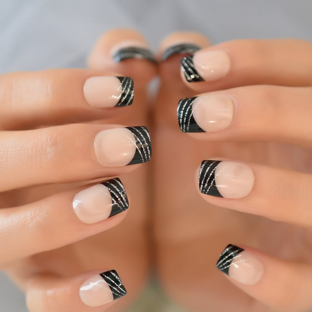Press On Nail Art With Black Lace Designs French Nail Decorations Set Short Nude Artificial Fake Nail Tip