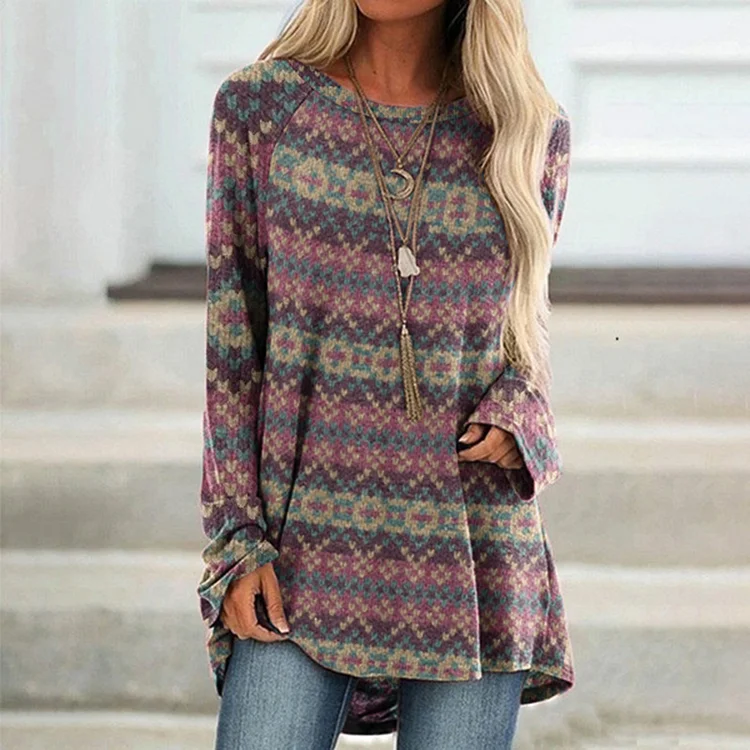Vefave Vintage Sweater Pattern Print Crew Neck Long Sleeves Tunic