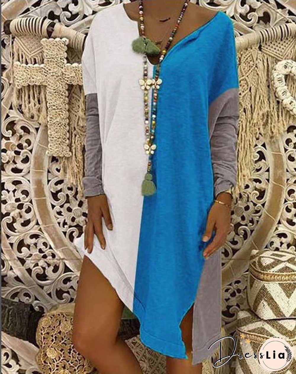 Slit Casual Shift Long Sleeve Knitting Dress