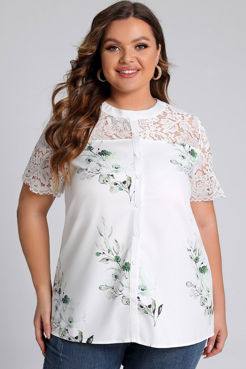 Plus Size Floral Print Lace Stitching Short Sleeve Button Up Blouse 2024 - Flycurvy 