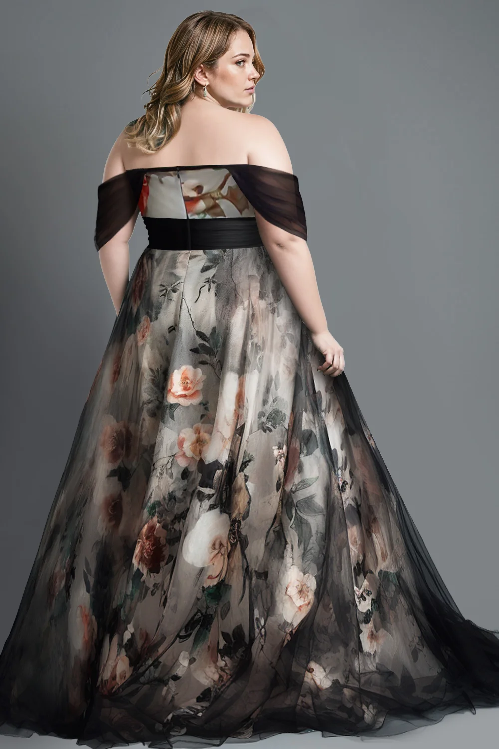 Flycurvy Plus Size Wedding Guest Black And White Mesh Floral Print Off The Shoulder Maxi Dress