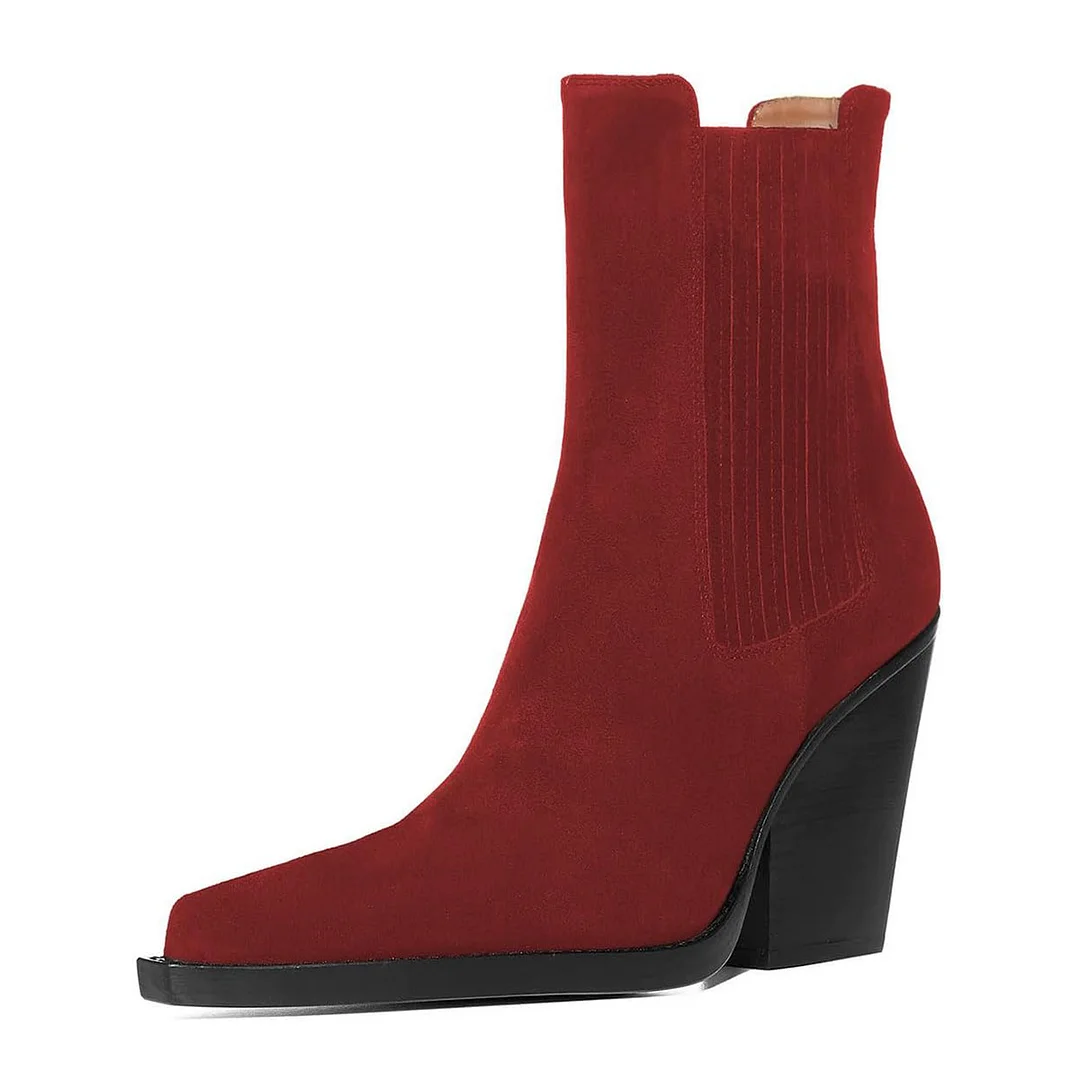 Women's Pull-On Red Vegan Suede Pointed Toe Chunky Heel Ankle Boots