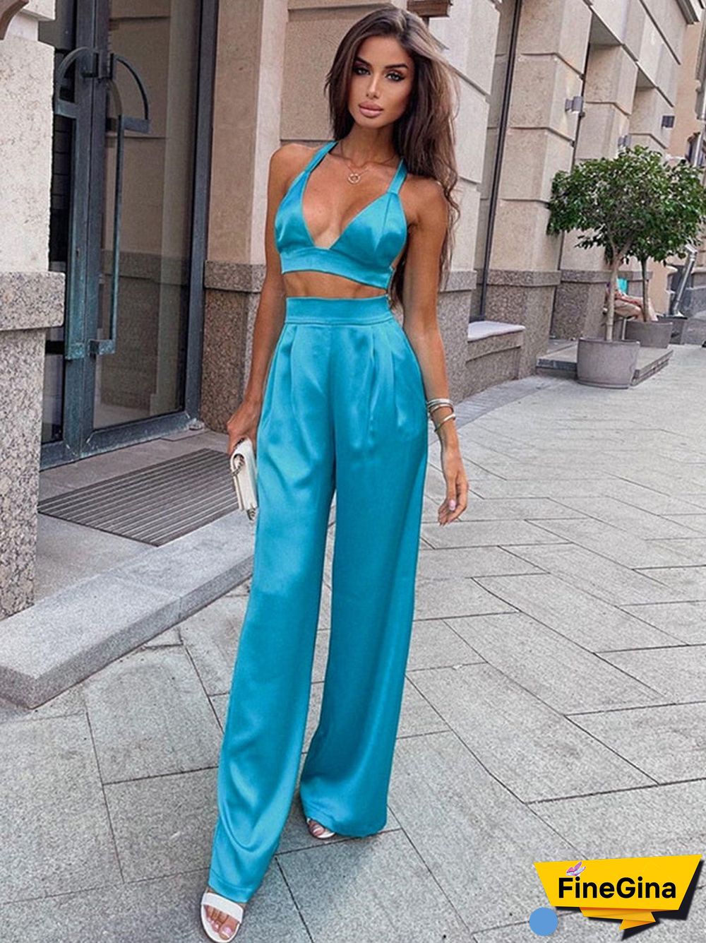 Silky Satin Camis Crop Top and Pants 2 Piece Set for Women Matching Sets Outfits Sexy High Waist Pants Streetwear