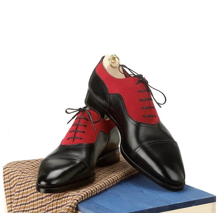 Men's Two Tone Red and Black Handmade Oxford Dress Shoes