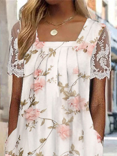 Women's Short Sleeve Square Collar Floral Printed Lace Stitching Midi Dress