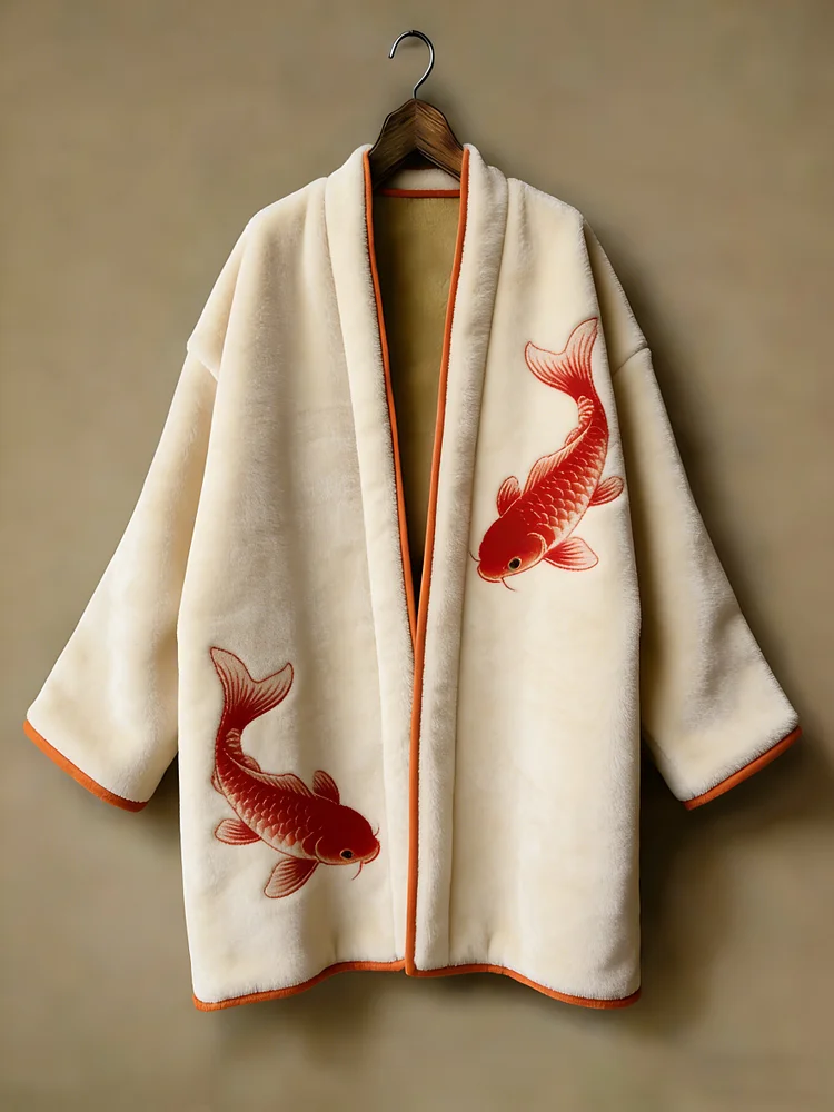 Oriental aesthetic printed flannel embroidered medium and long kimono cardigan