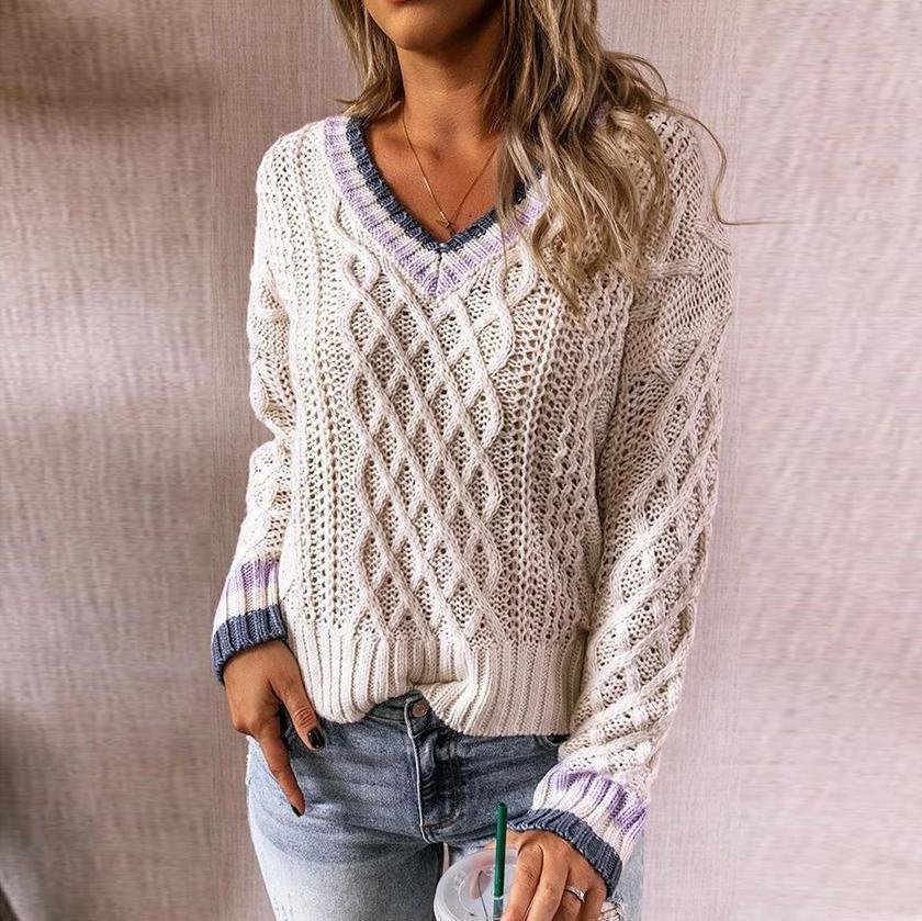 Trendy Color Block V-Neck Long Sleeve Sweater