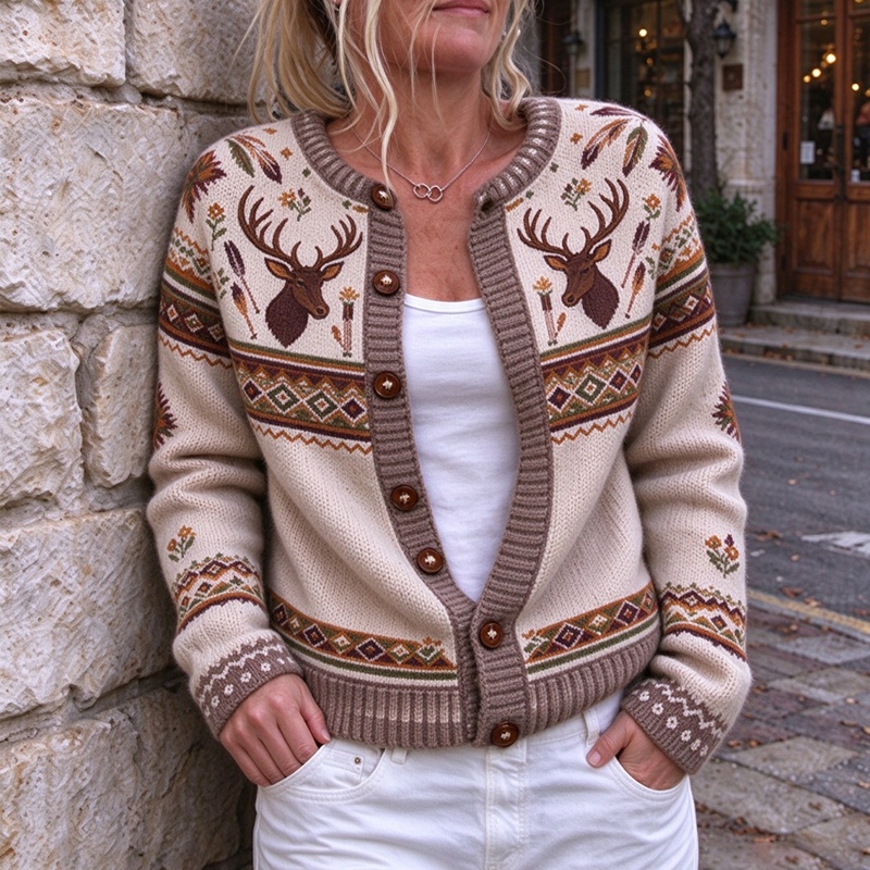Comstylish Women's Hippie Western Hunting Ethnic Pattern Color-block Sweater Cardigan