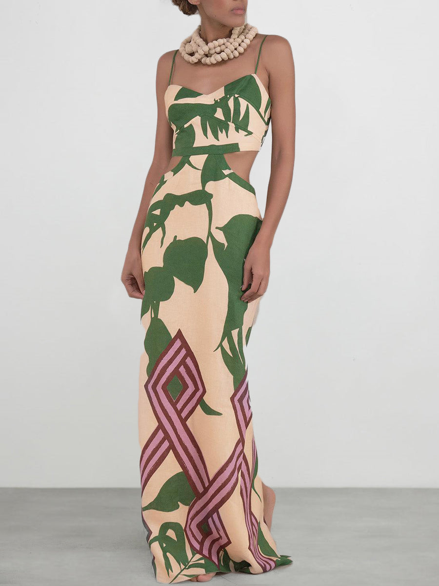Hollow Out Plants Print Maxi Cami Dress